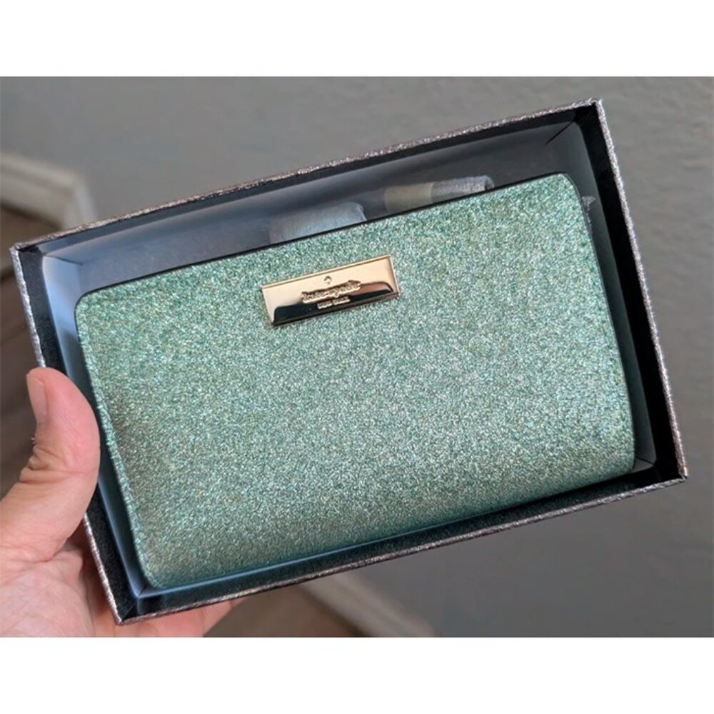 S NIB Kate Spade Kenzie Boxed Medium Compact Bifold Green Glitter Wallet KK321 - Picture 6 of 9